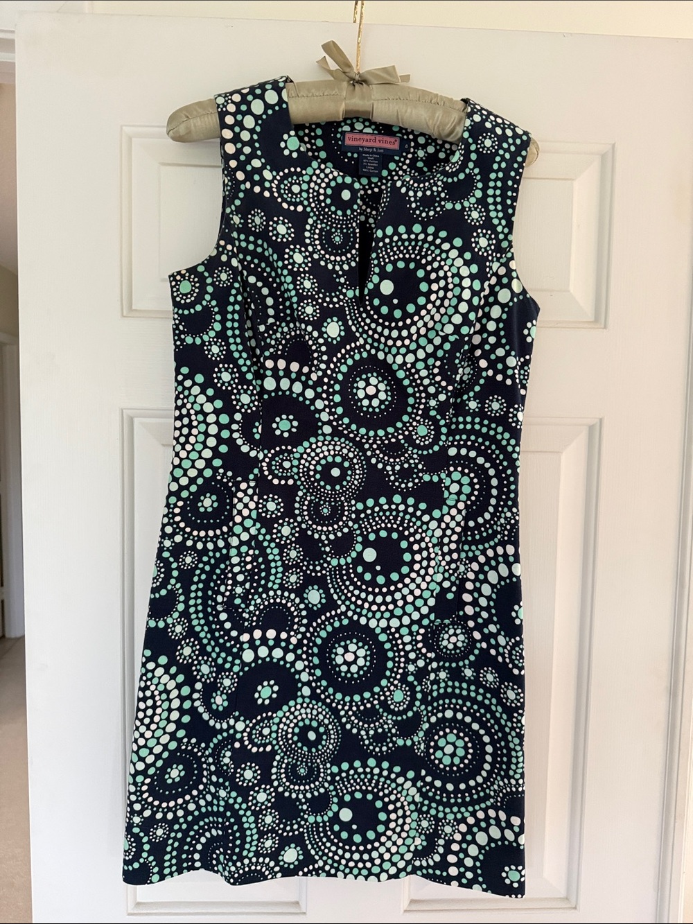 Vineyard Vines Navy Sheath Dress with Mint & White Dot Pattern - Size 4